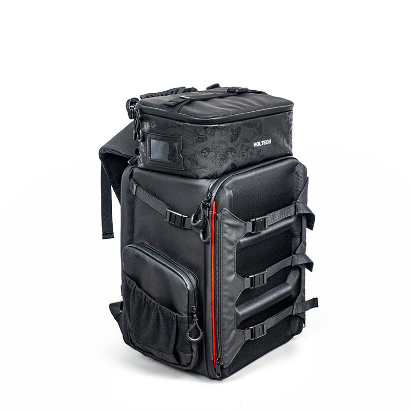 Three-quarter front view of black HGLRC backpack with compression straps and side pocket