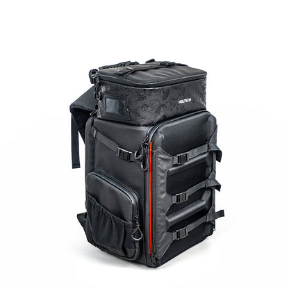 Three-quarter front view of black HGLRC backpack with compression straps and side pocket