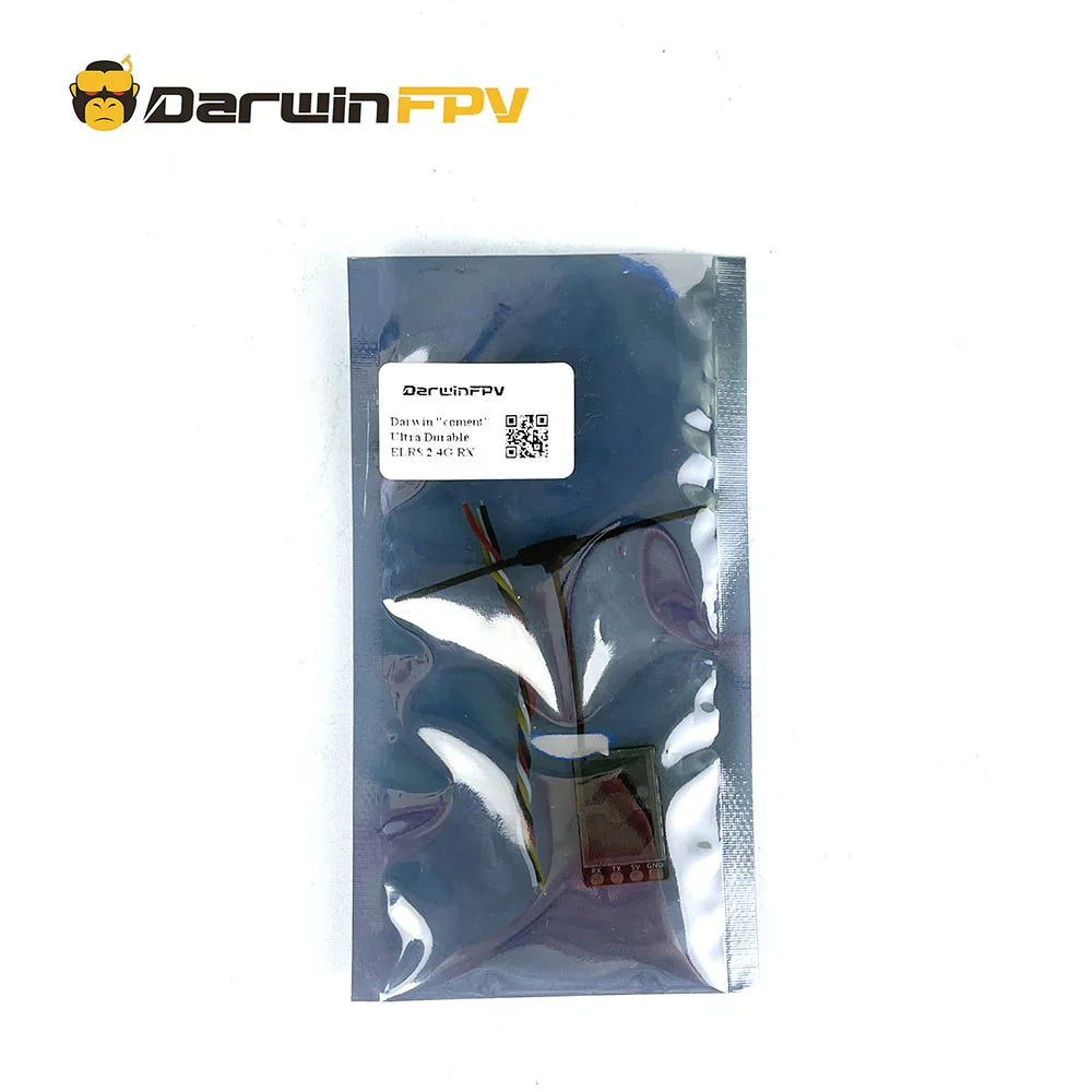 DarwinFPV receiver in sealed antistatic bag with product label and QR code, packaging view