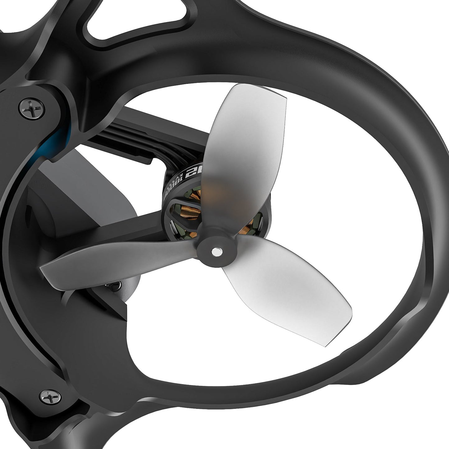 BetaFPV Beta-45mm 3-blade prop mounted on a ducted whoop motor, close-up of hub and blades