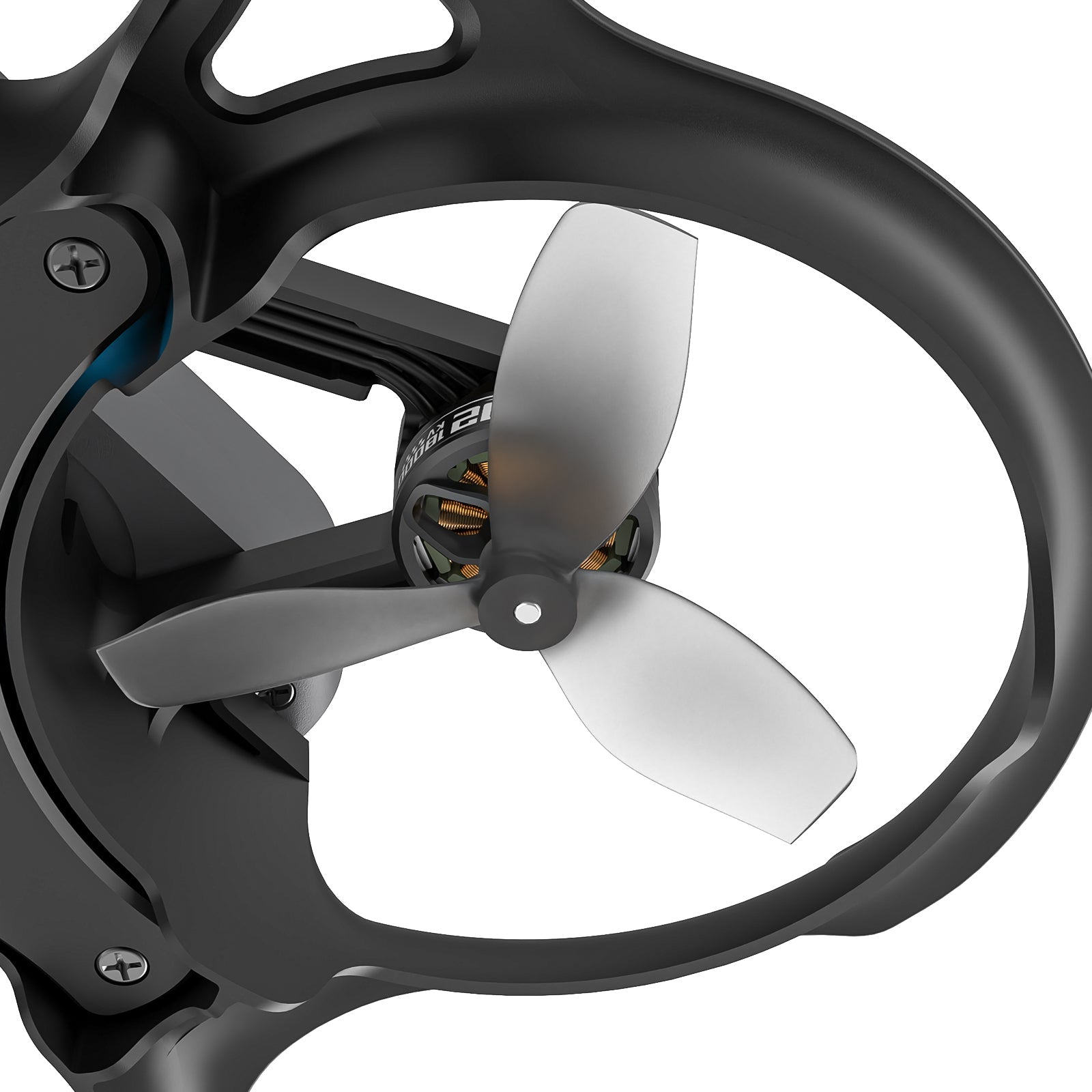 BetaFPV Beta-45mm 3-blade prop mounted on a ducted whoop motor, close-up of hub and blades