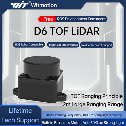 Witmotion D6 TOF LiDAR promotional graphic showing 12 m ranging range and 360° scanning