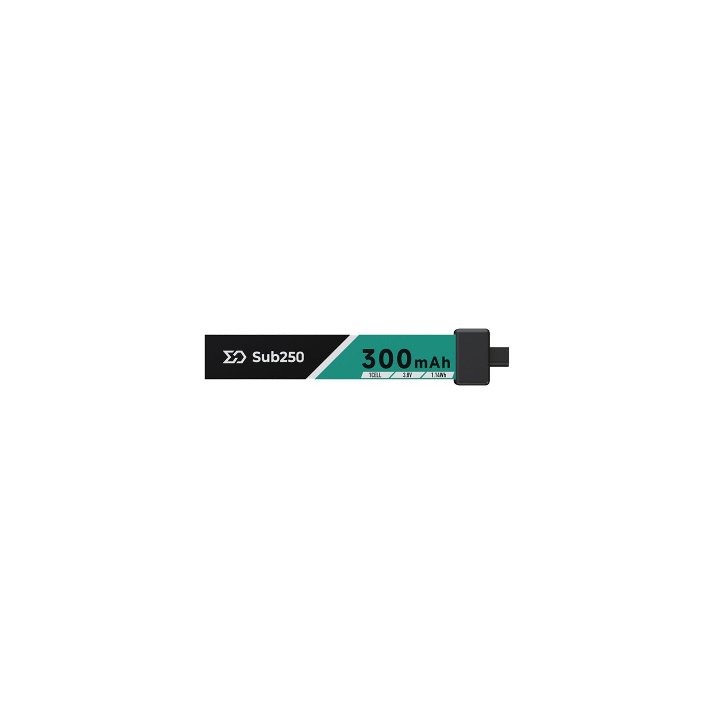 Sub250 1S 300mAh 75C LiHV Battery with A30 plug, side view showing 300mAh label
