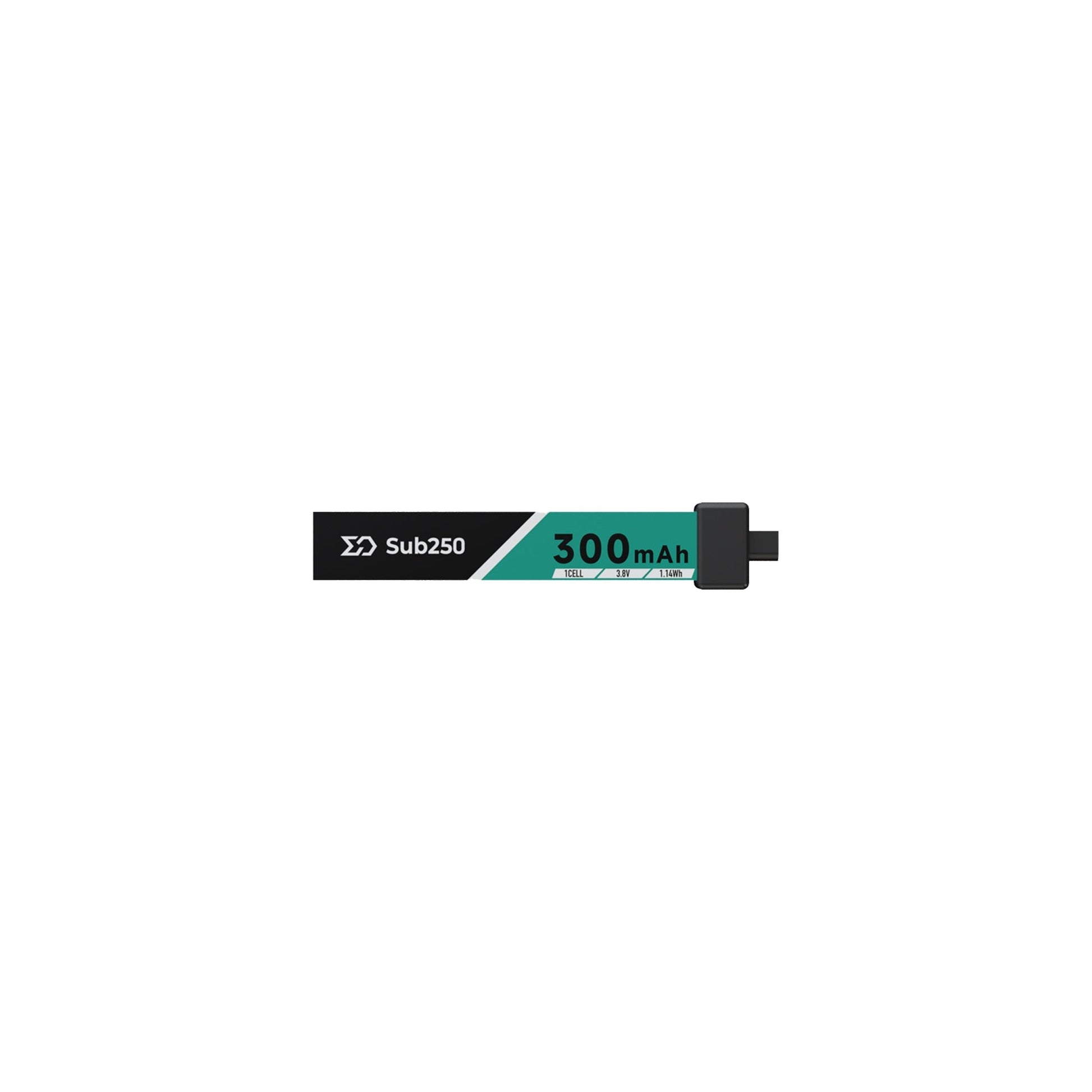 Sub250 1S 300mAh 75C LiHV Battery with A30 plug, side view showing 300mAh label