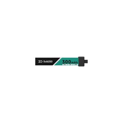 Sub250 1S 300mAh 75C LiHV Battery with A30 plug, side view showing 300mAh label