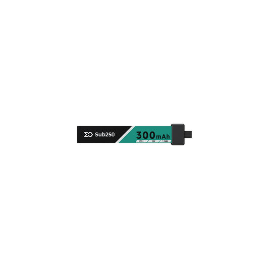 Sub250 1S 300mAh 75C LiHV Battery with A30 plug, side view showing 300mAh label