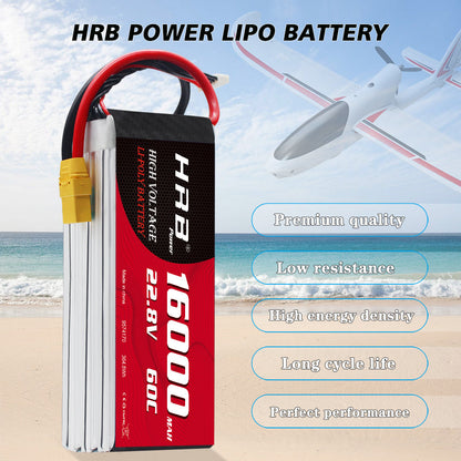 Side view of HRB 16000mAh 22.8V 6S LiPo battery showing thickness and attached leads