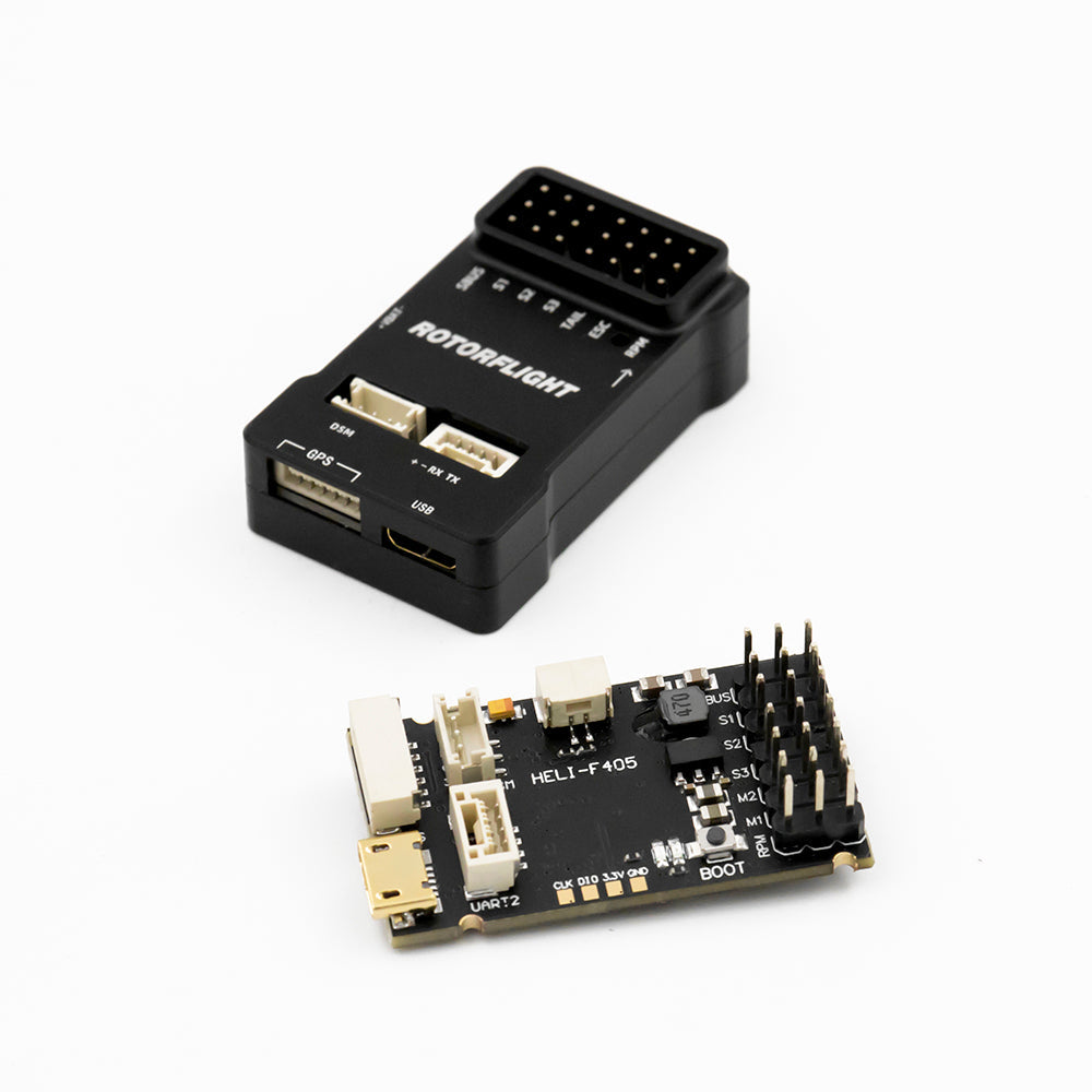 Rotorflight HELI405 RF Flight Controller, The Rotorflight HELI-F405 is a flight controller featuring GPS, USB, DSM, and DShot support for advanced drone performance and connectivity.