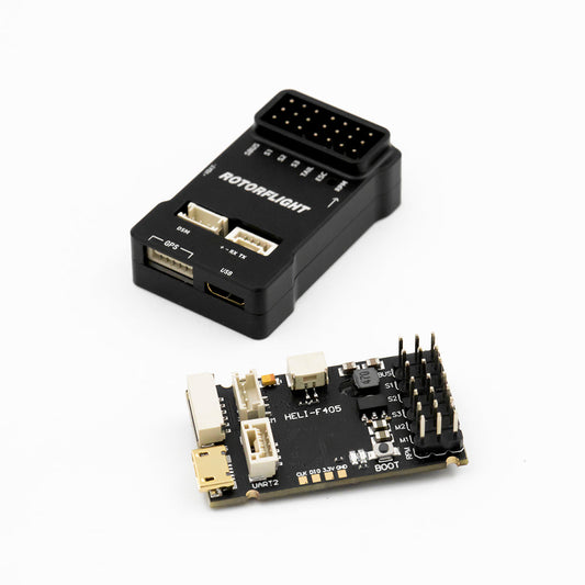 Rotorflight HELI405 RF Flight Controller, The Rotorflight HELI-F405 is a flight controller featuring GPS, USB, DSM, and DShot support for advanced drone performance and connectivity.