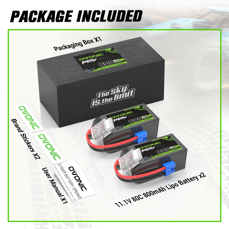 2× OVONIC 11.1V 80C 800mAh 3S LiPo Battery with EC2 Plug for Micro FPV Drone Tinywhoop Cinewhoop