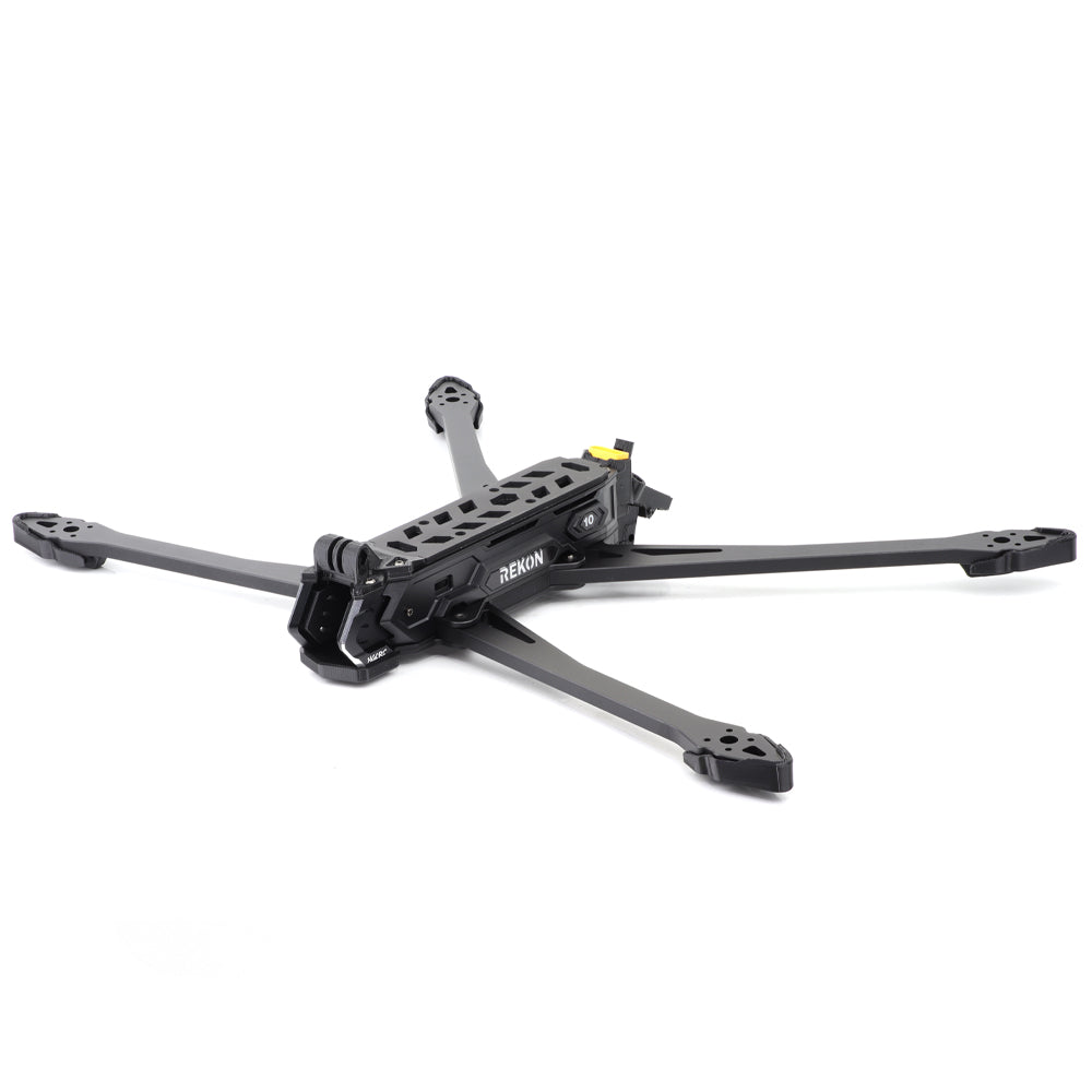 Rekon10 PRO V2 frame angled view showing REKON side plate branding and motor mount ends