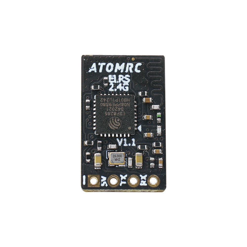 ATOMRC 2.4G ELRS FPV Receiver V1.1 board front view with solder pads and components