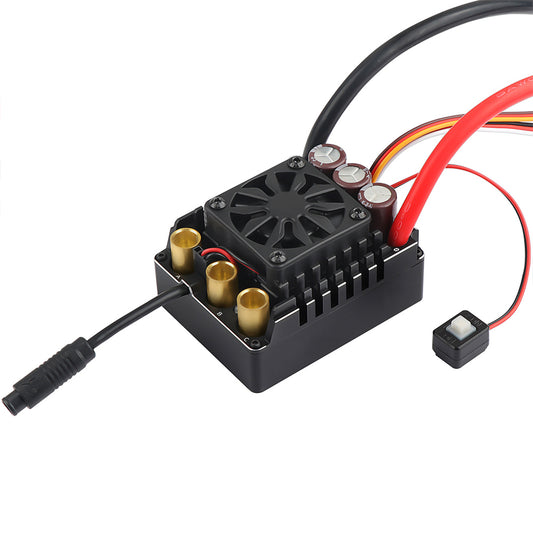 MAD MAX8 HV 300A 3-8S Sensored Brushless ESC, MAD MAX8 HV sensored brushless ESC with cooling fan, heatsink, three bullet motor ports, and heavy-gauge power leads