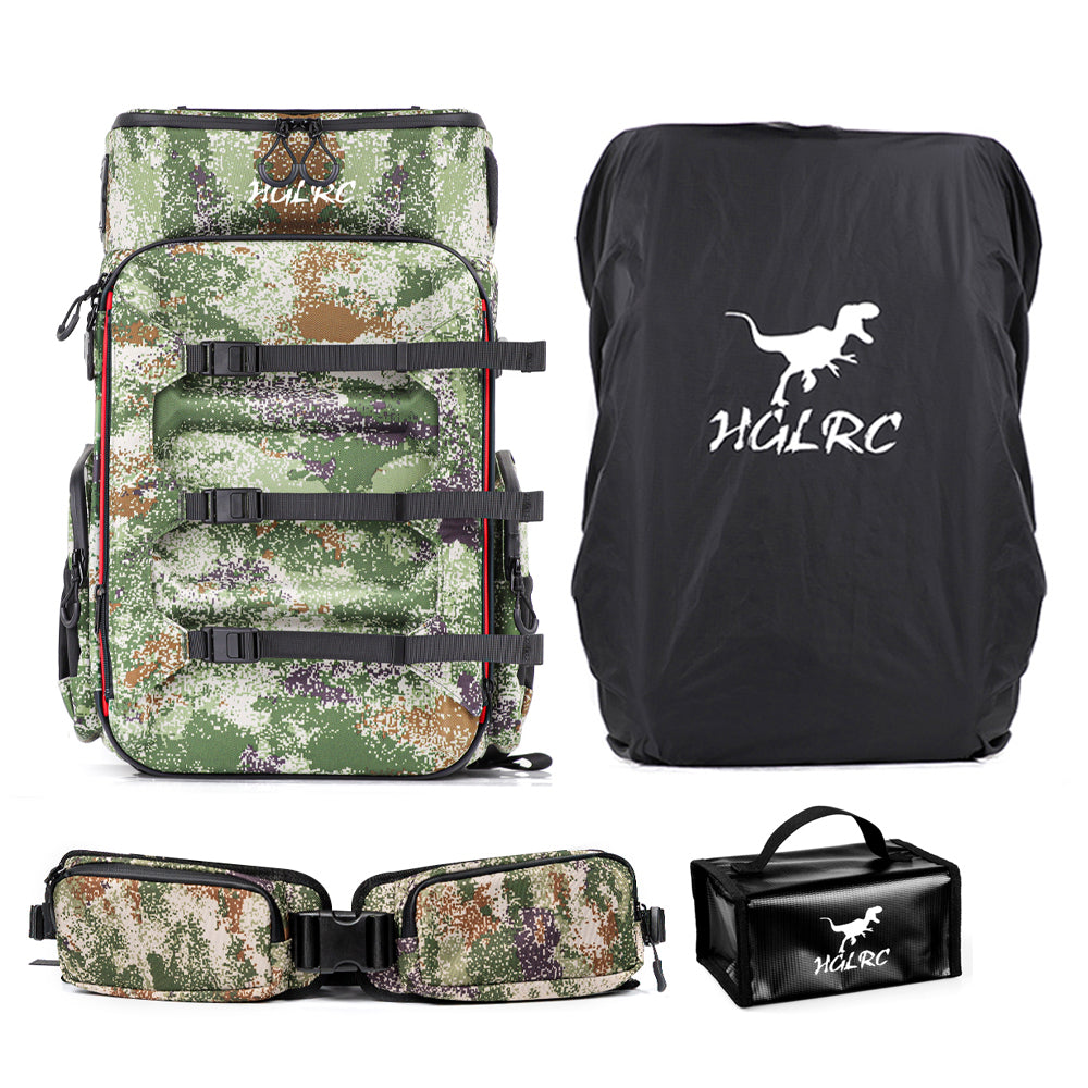 HGLRC B1 Starlight camouflage backpack set with rain cover, waist belt and small accessory case