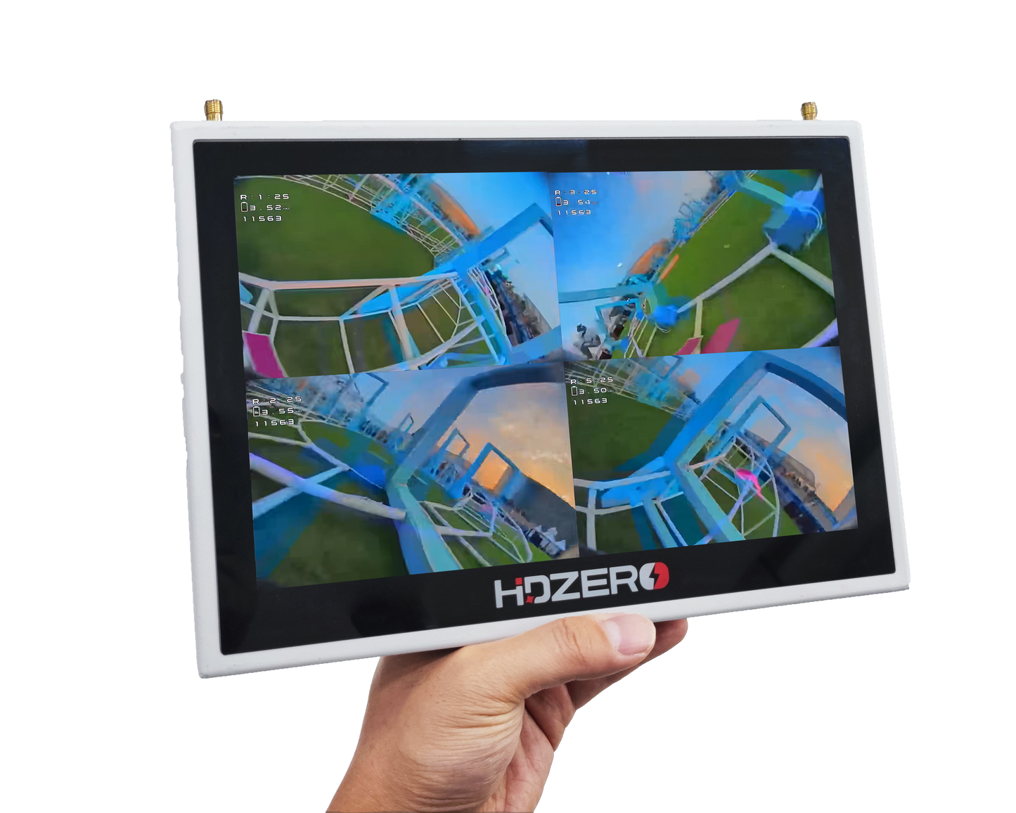 HDZero Quad Viewer FPV Monitor front display showing four-way split FPV feeds