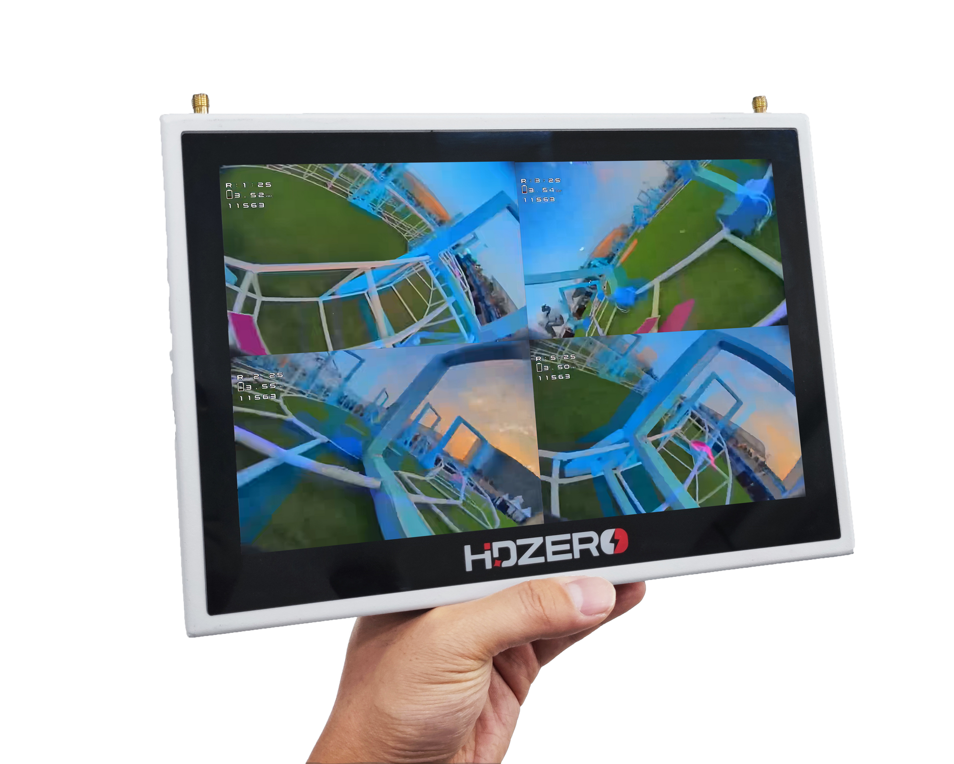 HDZero Quad Viewer FPV Monitor front display showing four-way split FPV feeds