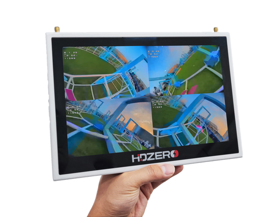 HDZero Quad Viewer FPV Monitor front display showing four-way split FPV feeds