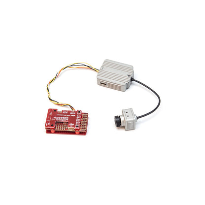 ATOMRC F405 NAVI Flight Controller connected to aluminum module and wired sensor camera unit