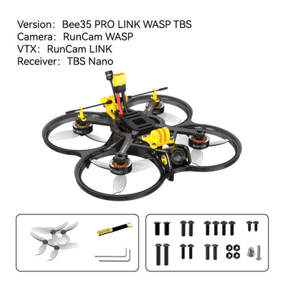 SpeedyBee Bee35 -  3.5 inch FPV, The SpeedyBee Bee35 is a 3.5 inch FPV drone with O3 air unit, PRO version, and various components like camera and receiver.