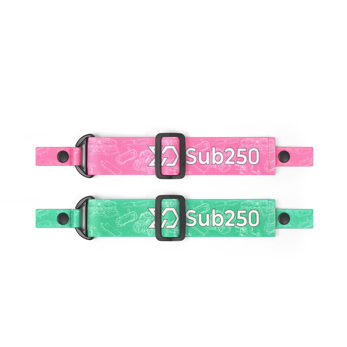 Pink and green Sub250 goggle straps laid flat with adjustment slider and end snaps