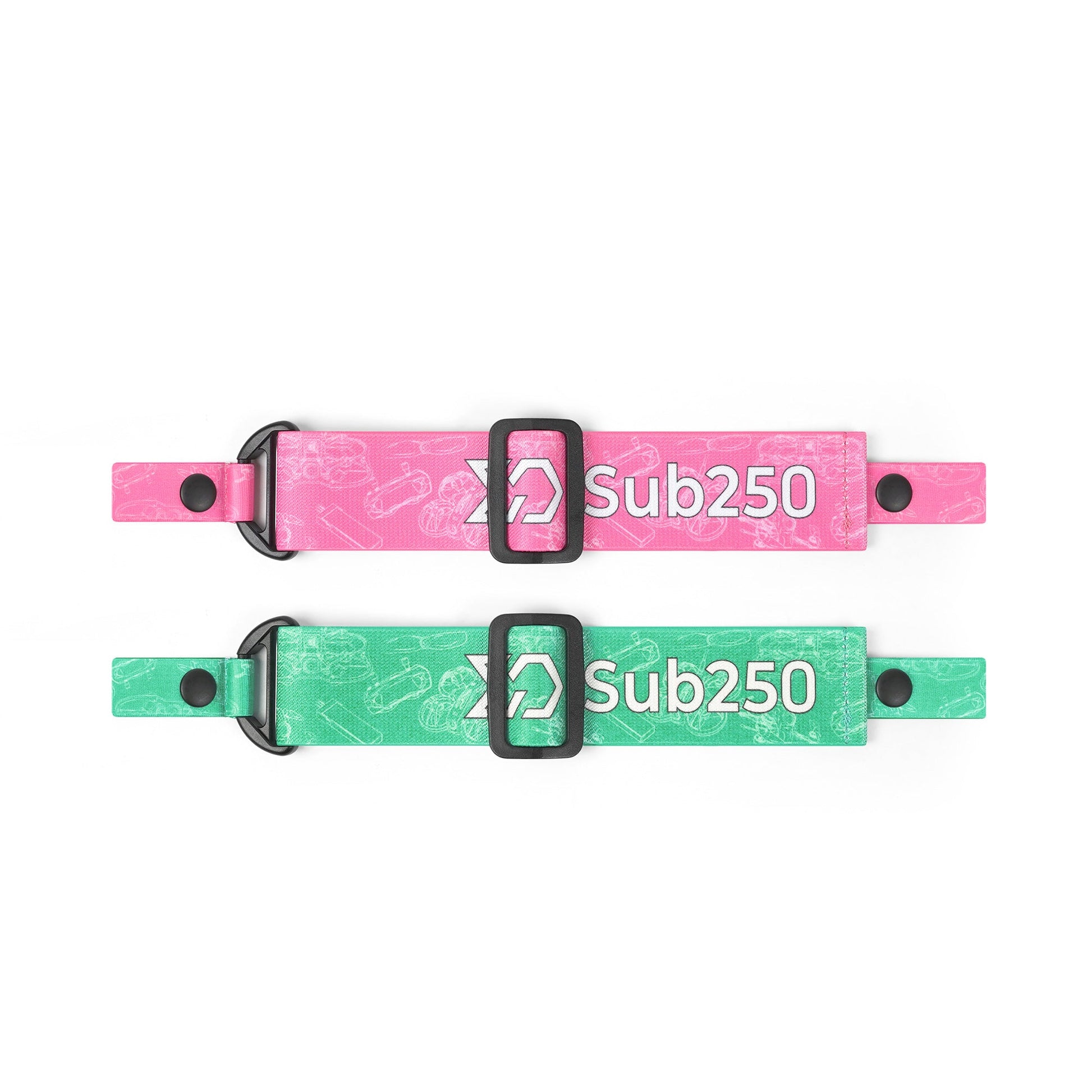 Pink and green Sub250 goggle straps laid flat with adjustment slider and end snaps