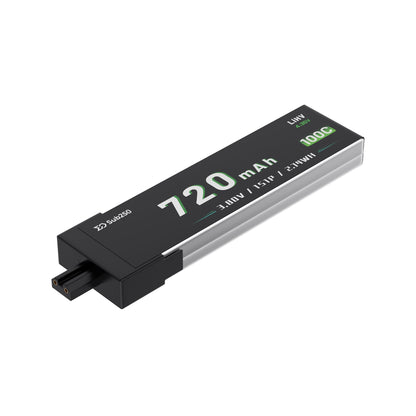Sub250 1S 720mAh 90C LiHIV Battery angled view with plug connector and 720mAh label