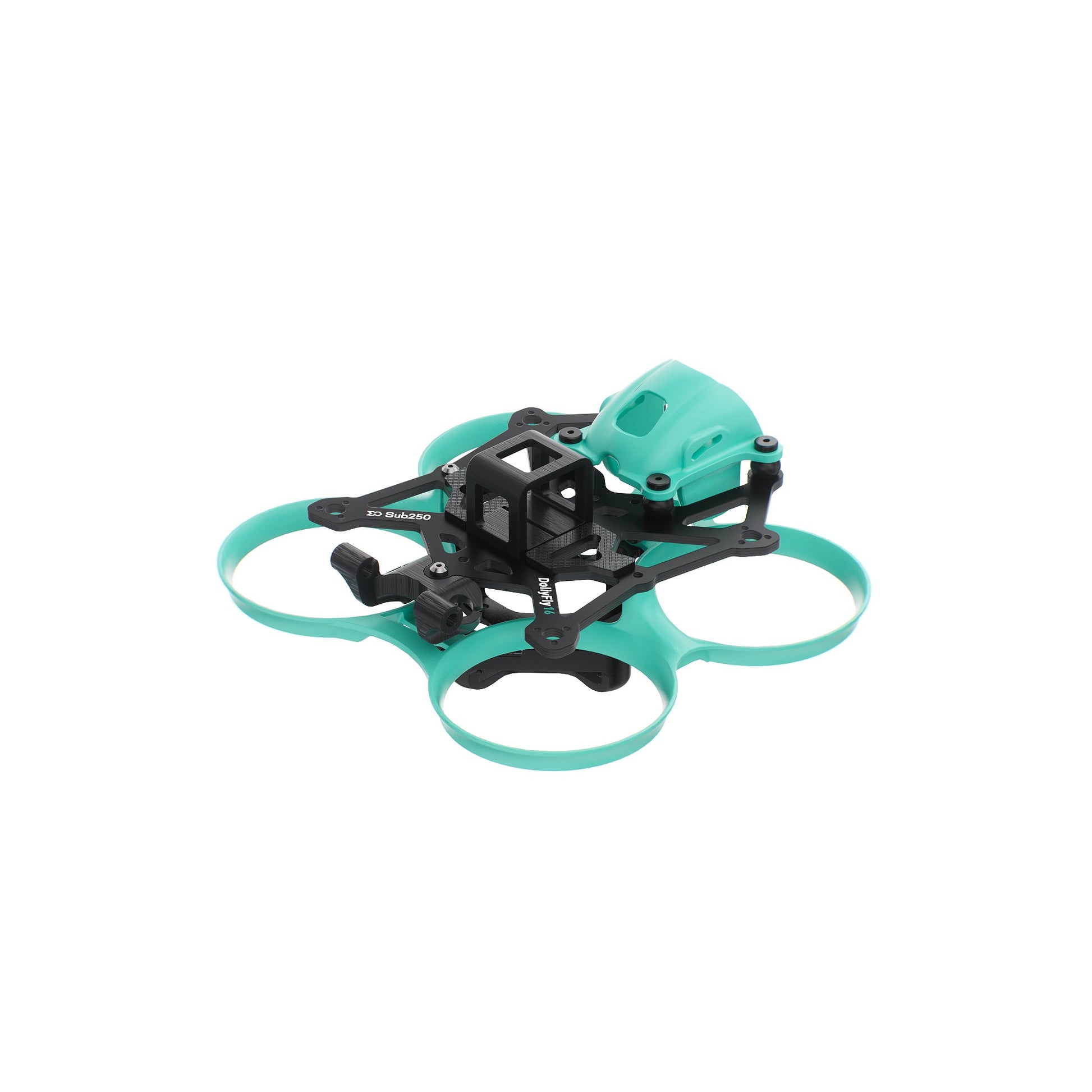 Angled view of assembled micro quad frame with teal duct guards and front camera mount