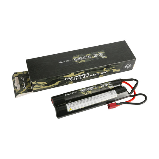 Gens ace 1600mAh 9.6V 8S1P NIMH Battery, Gens ace Airsoft 1600mAh 9.6V NiMH battery pack with red connector and camo storage box
