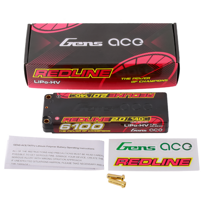 باتری لیتیوم پلیمر Gens ace Redline 2.0 ظرفیت 6100 میلی‌آمپر ساعت، 2 سلول، 140C، 7.6 ولت HV با قاب سخت و کانکتور 5.0 میلی‌متری بولت