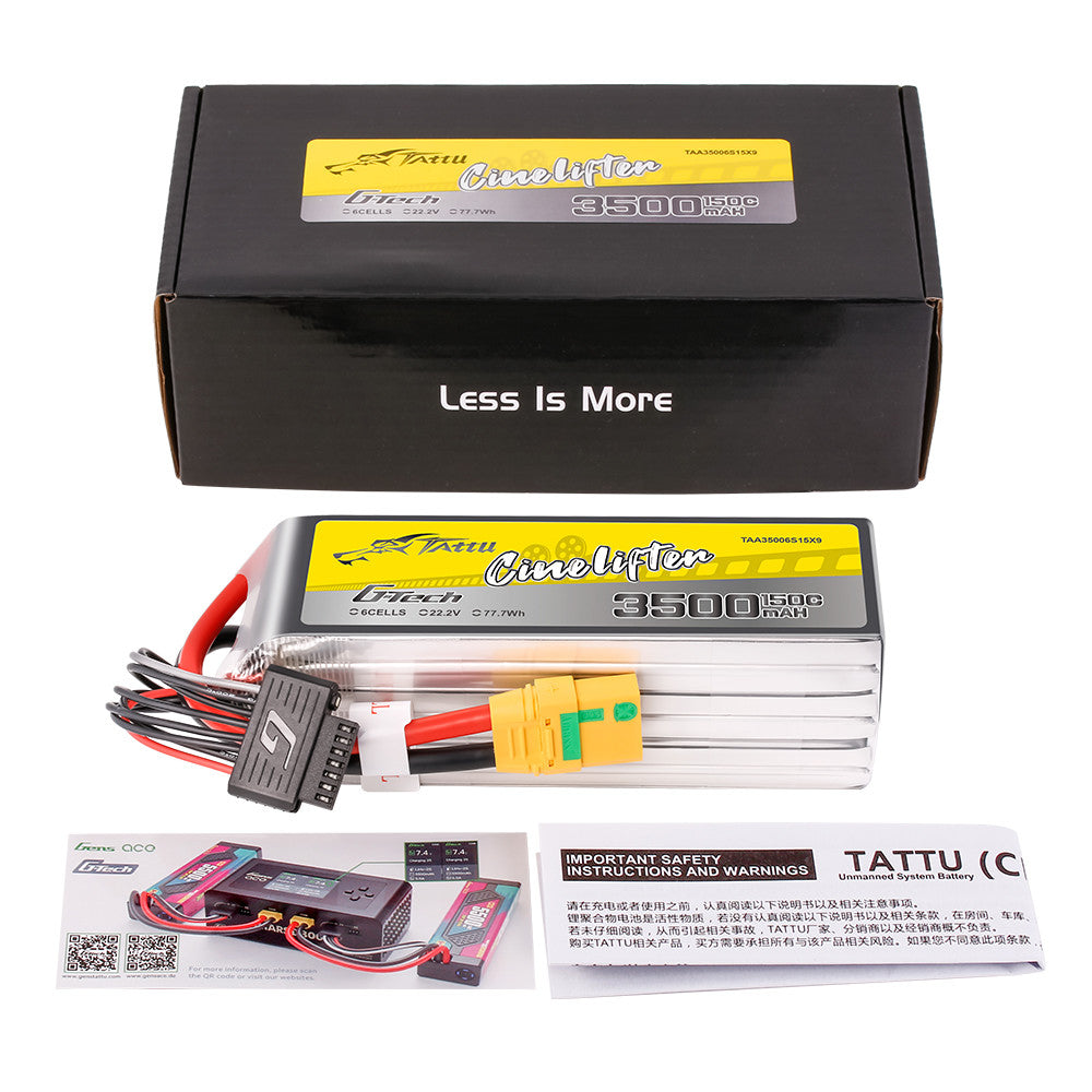 Tattu G-Tech 3500mAh 6S 22.2V 150C LiPo Battery, Tattu G-Tech CineLifter 6S 3500mAh 150C LiPo battery with XT90 connector, box, and safety manual