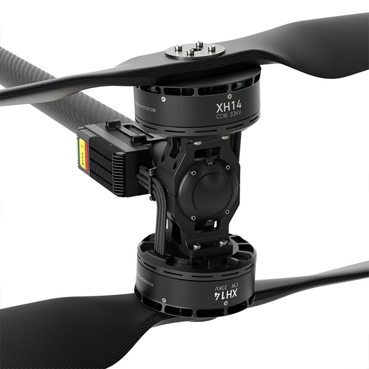 MAD XH14 coaxial drone arm with stacked XH14 motors and carbon fiber propellers, compact vertical mount