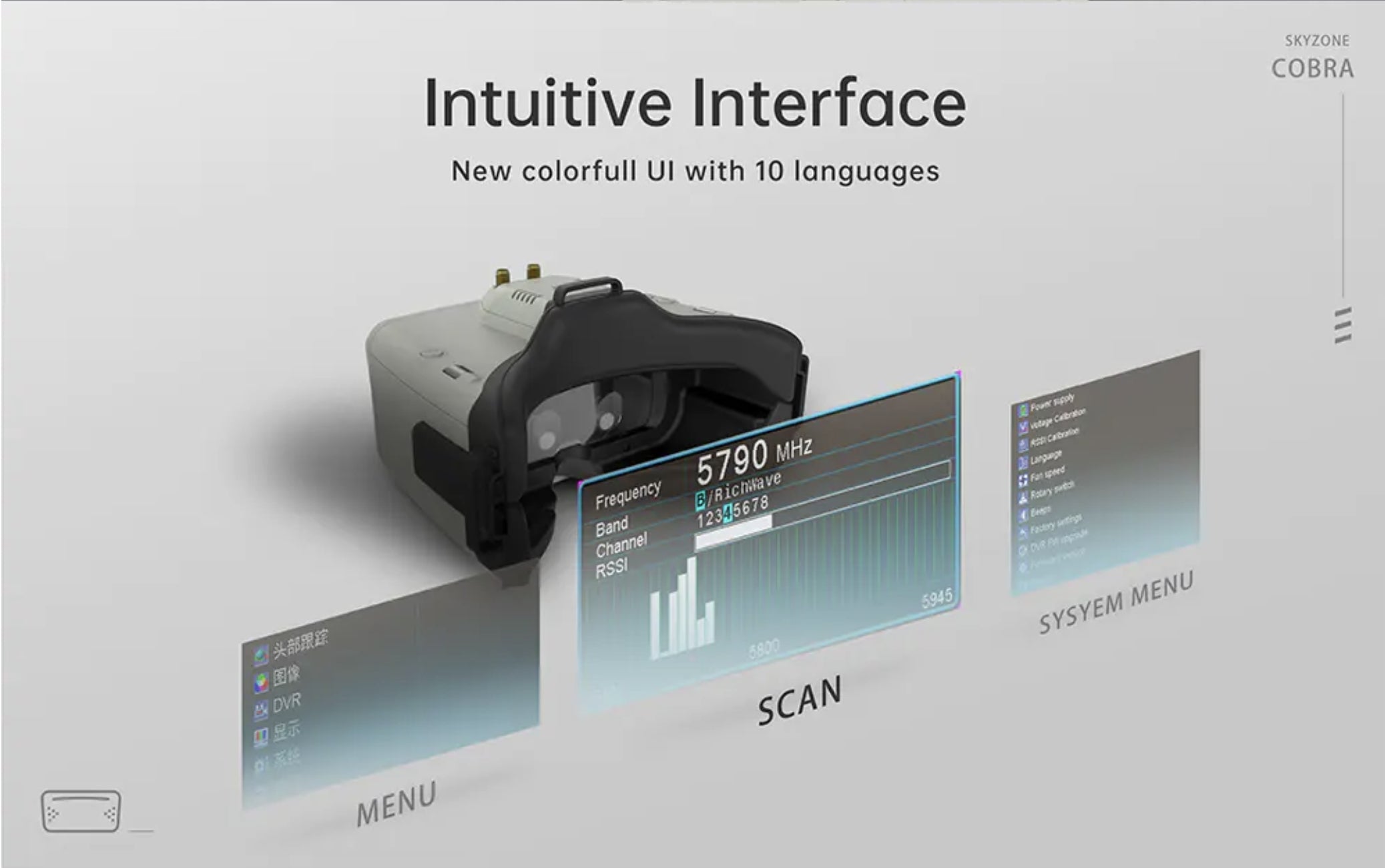 SKYZONE Cobra SD FPV Goggle, Intuitive goggles with colorful UI and language support for pilots.