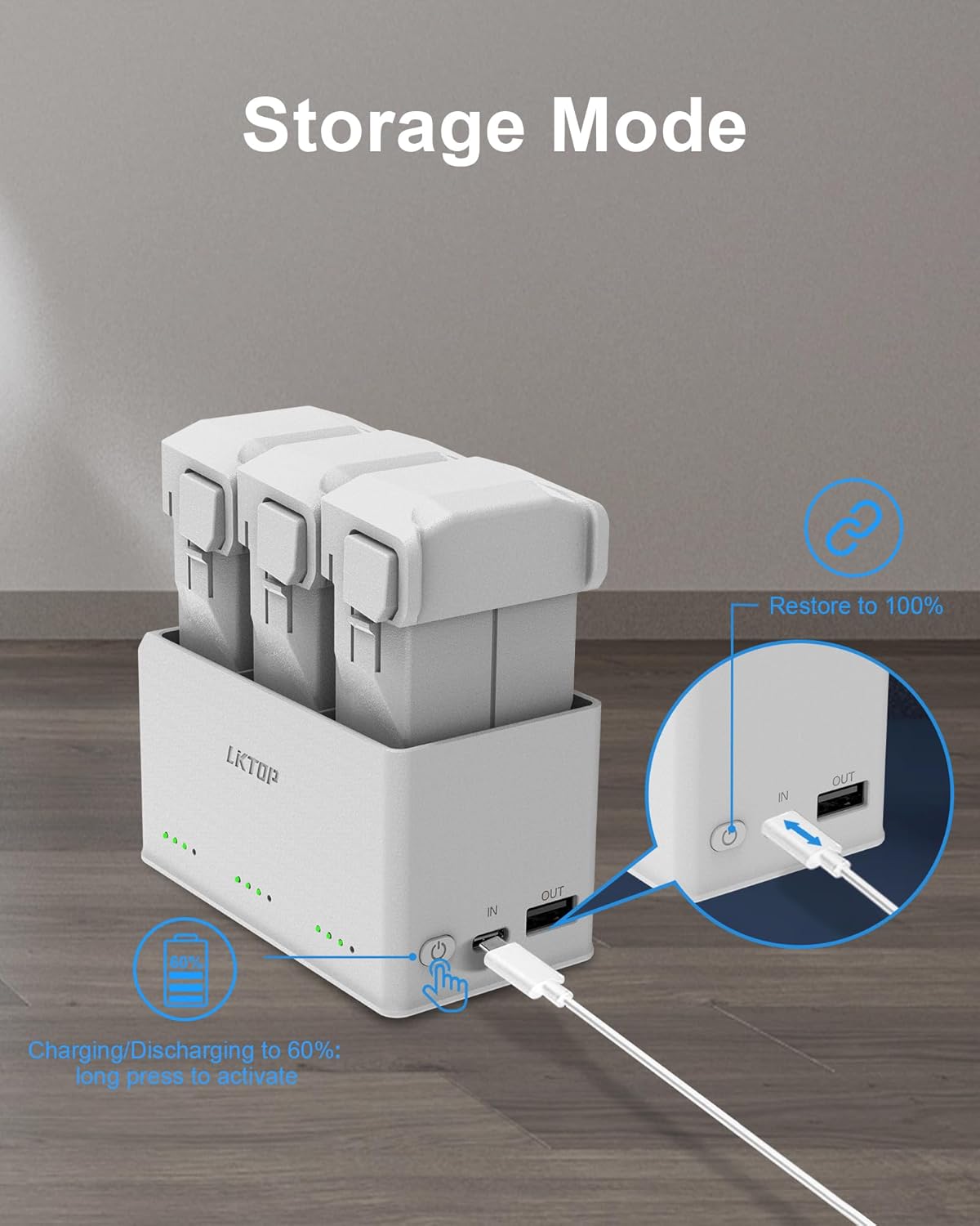 LKTOP charging hub features Storage Mode, 60% charge, full restoration, USB-C input, USB-A output, LEDs, and an alarm.
