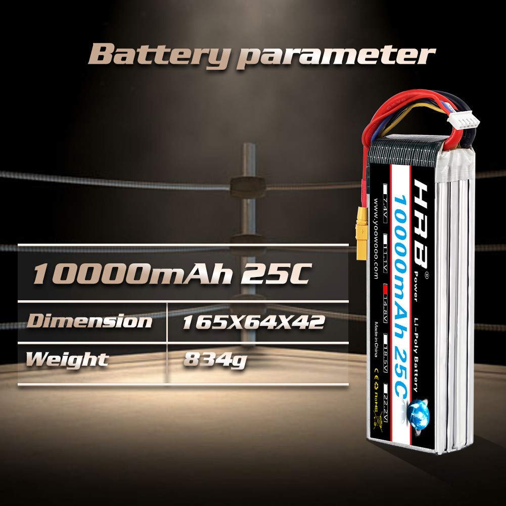 Battery parameter graphic showing 10000mAh 25C, dimensions 165×64×42 mm and weight 834 g