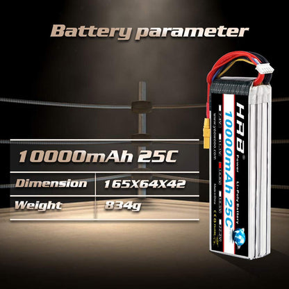 Battery parameter graphic showing 10000mAh 25C, dimensions 165×64×42 mm and weight 834 g