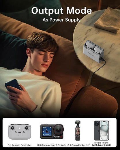 Charging hub powers DJI devices and phones, supports dual batteries with 30W output, perfect for on-the-go use.