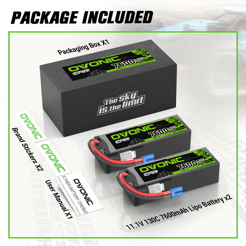 2 x OVONIC 3S 7600mAh Hardcase 130C 11.1V Lipo Battery with EC5 Plug for 1/8 & 1/10 Scale RC Car Boat Helicopter
