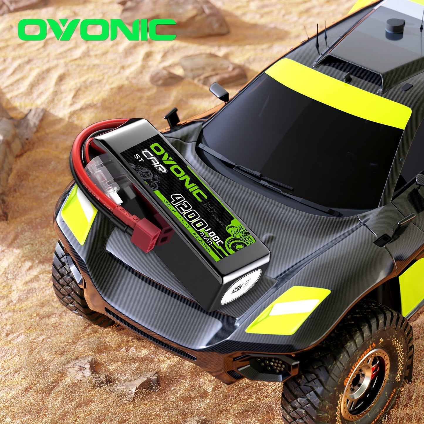 Shorty hardcase LiPo battery shown on an RC car body to illustrate fitment and use in RC vehicles