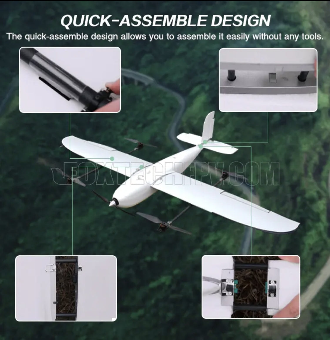 Foxtech Loong 2160 VTOL Airplane, Quickly assemble this drone with no tools required, thanks to its clever design.