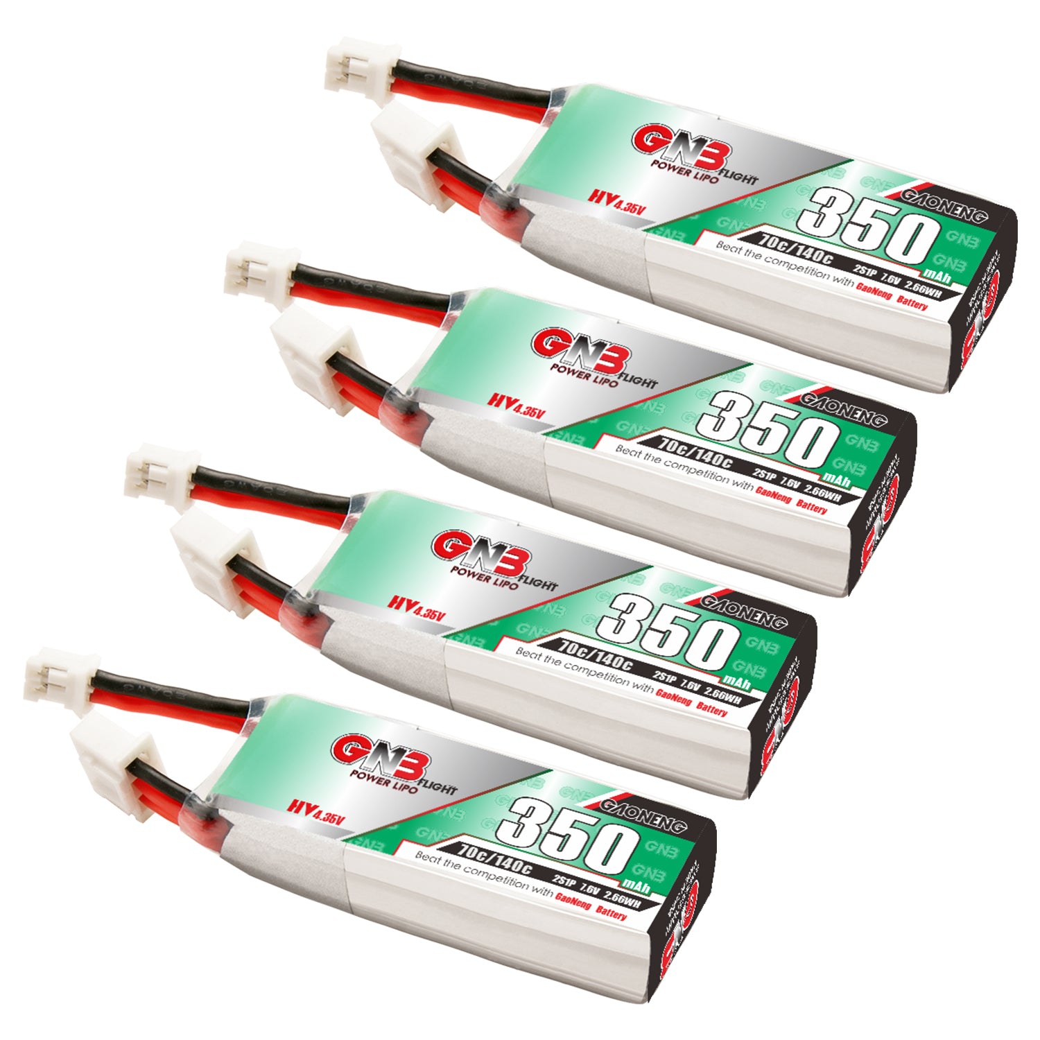 GAONENG GNB3502S70AHV 2S 7.6V 350mAh LiHV LiPo batteries with PH2.0 leads, set of four