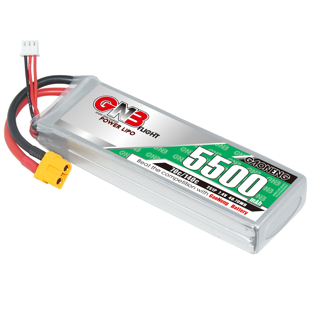 GNB 2S 7.4V 5500mAh 70C LiPo battery pack with XT60 plug and balance lead