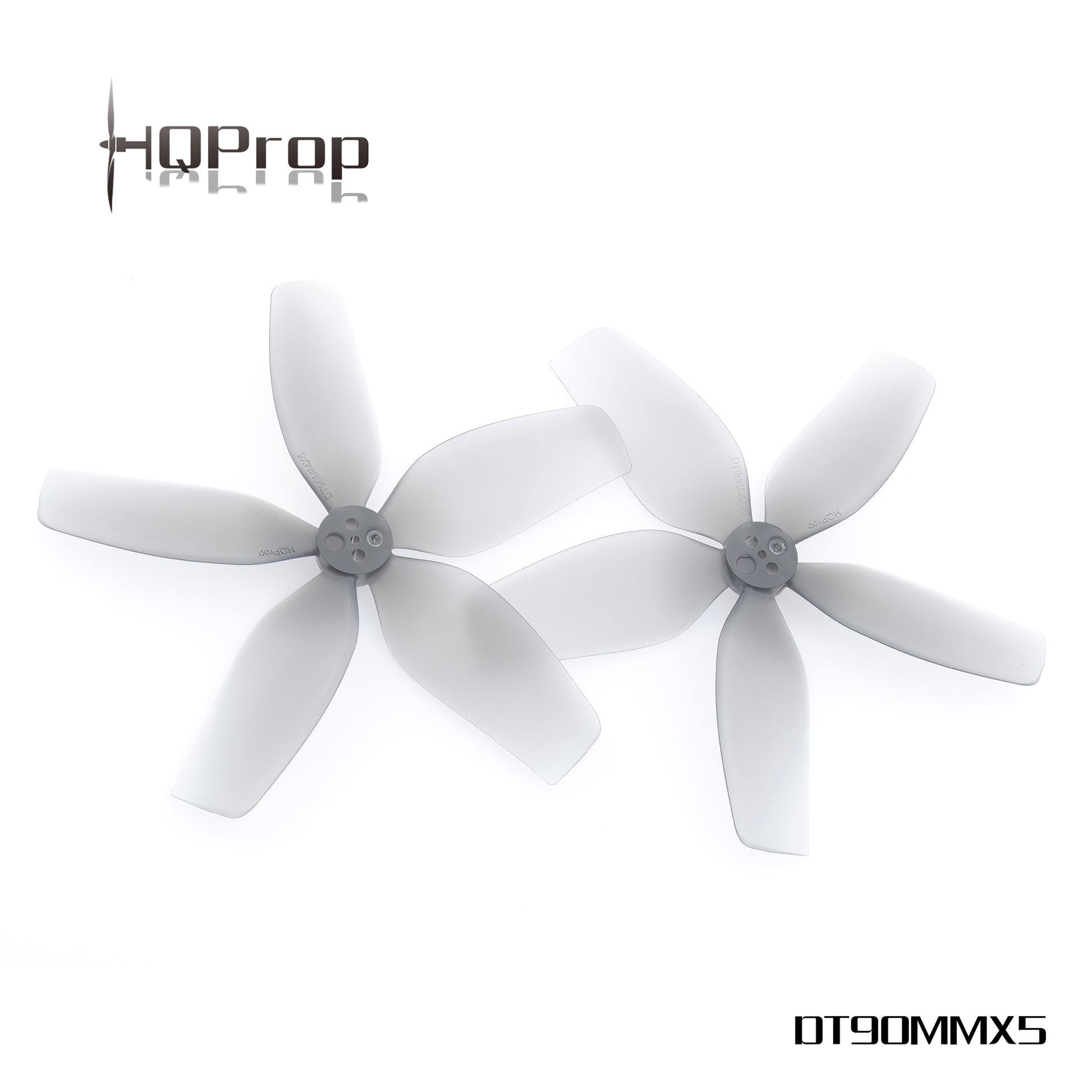 HQProp DT90MMX5 90mm 5-blade cinewhoop propeller set with HQProp logo and model text