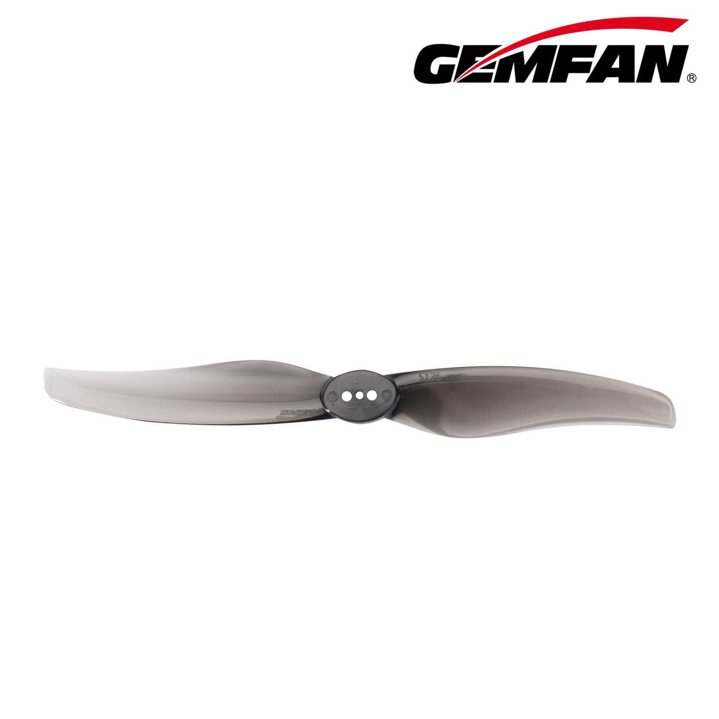 Gemfan LR 5126 T-Mount Propeller in smoke gray, top view with Gemfan logo
