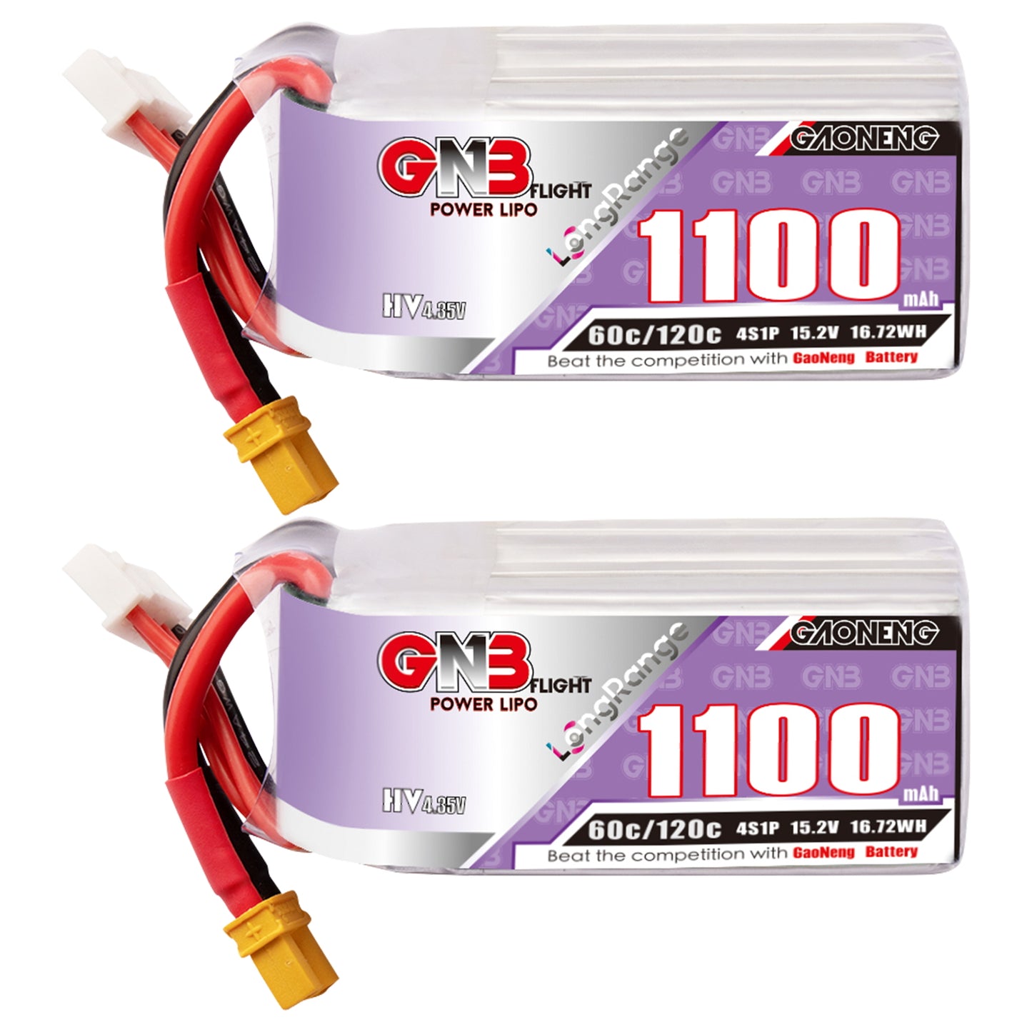 GAONENG GNB1100 4S LiHV 1100mAh 60C battery with XT30 lead, label side view (2 pack)