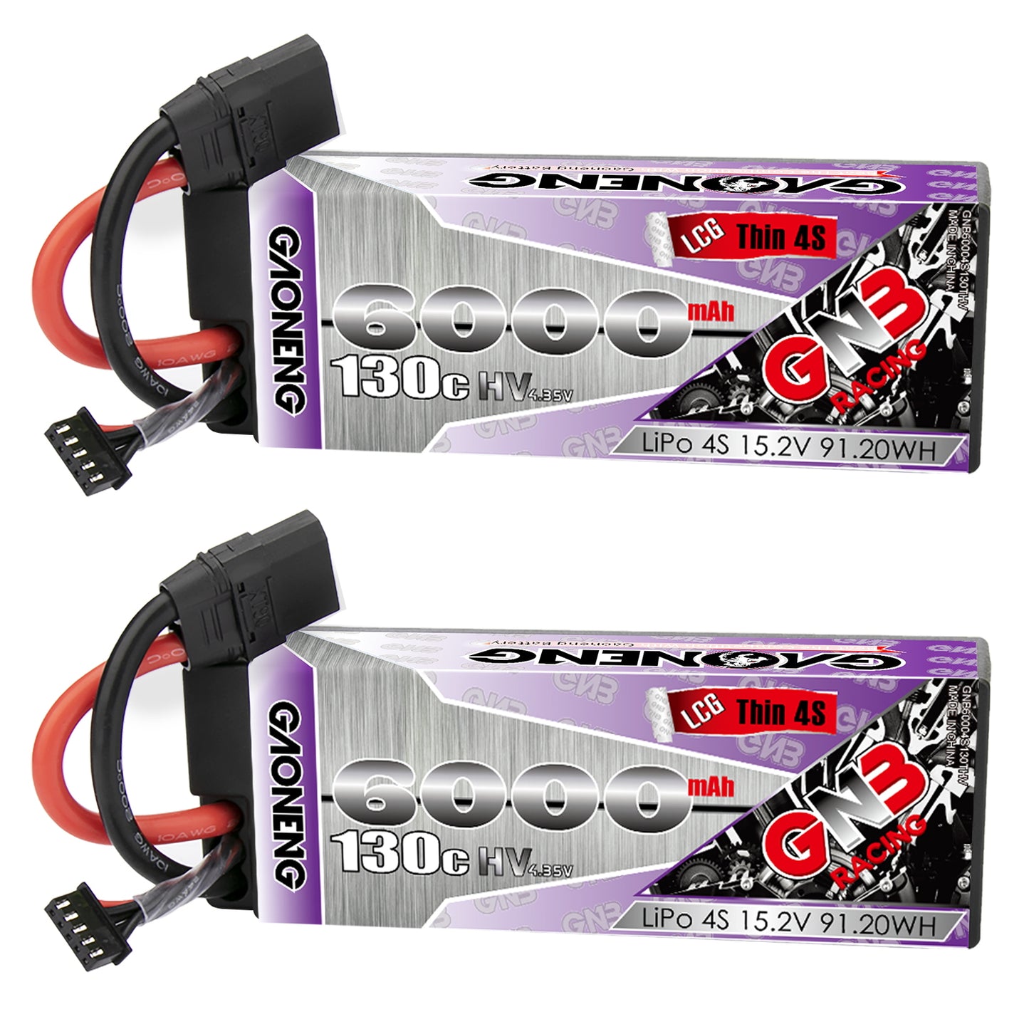 Side view of the GAONENG 4S 6000mAh LiPo battery with XT90 connector and balance lead