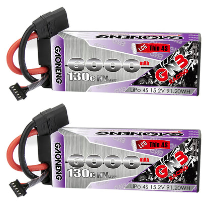 Side view of the GAONENG 4S 6000mAh LiPo battery with XT90 connector and balance lead