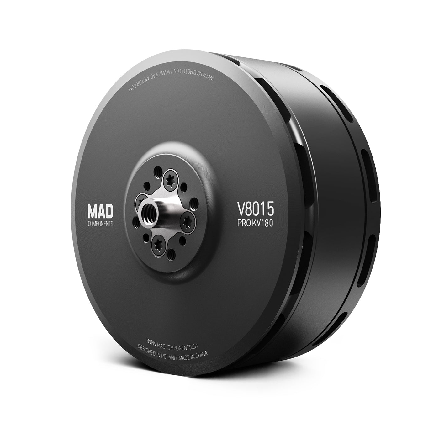MAD Components V8015 PRO KV180 drone motor with threaded shaft and multi-bolt prop hub, black finish