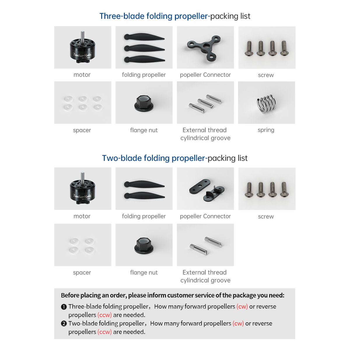 Packing list showing two-blade and three-blade folding propeller kits with motor, hub connector, screws, spacers, nut, and spring