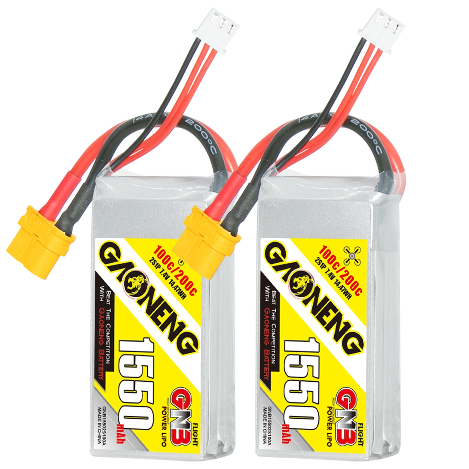 GAONENG GNB15502S100A 2S 7.4V 1550mAh 100C LiPo battery with XT60 connector, two batteries shown