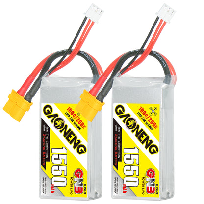 GAONENG GNB15502S100A 2S 7.4V 1550mAh 100C LiPo battery with XT60 connector, two batteries shown